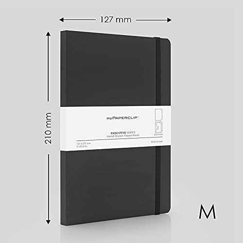 myPAPERCLIP Executive Series Medium Plain Notebook | 192 Pages, 80 GSM, Soft Cover, Medium Size (5 x 8.25 in) | Flat Lay | Bookmark, Elastic Closure & Back Pocket | Black