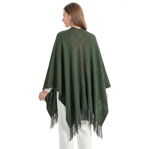 ZLYC Women's Shawl Golden Trim Knit Blanket Wrap Fringe Poncho Coat Cardigan - color: Green