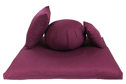 Kapok Zafu, Zabuton and Support Meditation Cushions Set (4pc) - color: Burgundy