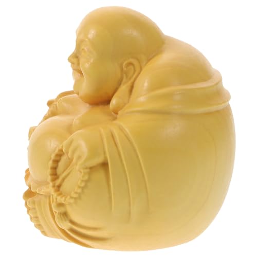 Hand-Carved Maitreya Buddha Wooden Decoration Small Desktop Ornament Unique Boxwood Sculpture for Home Zen and Spiritual Table Adornment Stable Flat Bottom Design