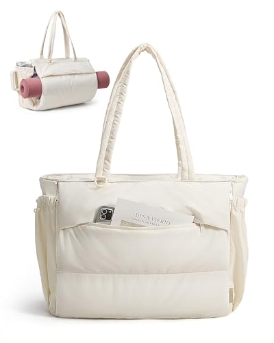 BAGSMART Yoga Tote Bag for Women with Knotted Handle, Lightweight Pilates Bag with Yoga Mat Holder, Gym Bag for Work Travel - color: Cream
