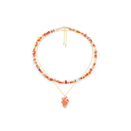 2Pcs Crystal Necklace for Women Handmade Choker Necklaces Pendant Necklace Natural Stone Gemstone Beaded Necklace 18k Gold Plated Adjustable Dainty Necklace for Women - color: Carnelian