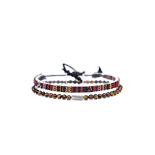 Made by Nami 2 Pcs Boho Surfer Bracelets for Men and Women Waterproof and Adjustable Beach Bracelets for Men and Women Set of 2 Beaded & Braided - color: Tiger-Eyes & Brown