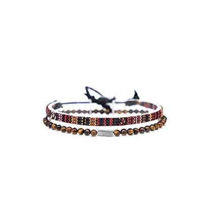 Made by Nami 2 Pcs Boho Surfer Bracelets for Men and Women Waterproof and Adjustable Beach Bracelets for Men and Women Set of 2 Beaded & Braided - color: Tiger-Eyes & Brown