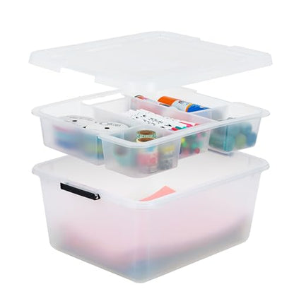 IRIS USA 18 QT Clear Storage Organizer with Removable Dividers, Stackable Plastic Storage Box with Lid, Modular Container for Crafts, Tools, Office & Pantry Organization - size: 18 Qt, style: w/ Tray