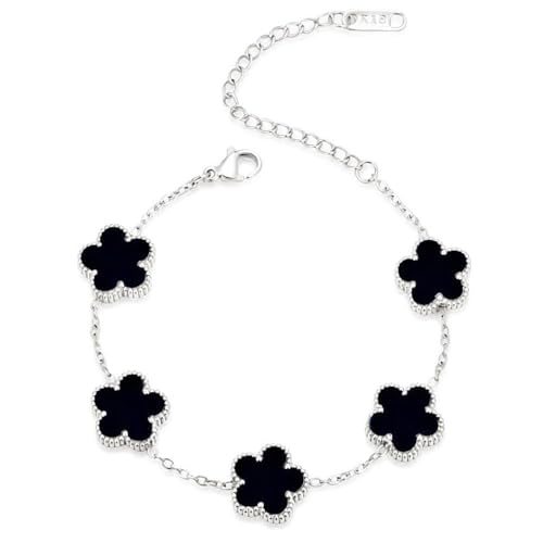 FLY FEI 18K Gold-Plated Four Leaf Clover Bracelet for Women,Adjustable lucky Bracelet Set Jewelry Gift-Hypoallergenic Charm for Birthdays, Wellness & Daily Wear - color: style02-Black(silvery)