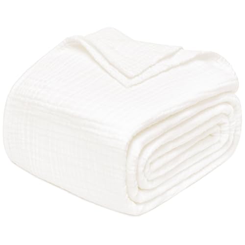 Joydeco 100% Cotton Muslin Throw Blanket for Couch Bed and Sofa, 4-Layer Lightweight and Breathable Soft Gauze Blanket for All Season, Luxury Throws Cotton Blanket Gift(White, 50"x70") - color: White, size: Large Throw (50" x 70")