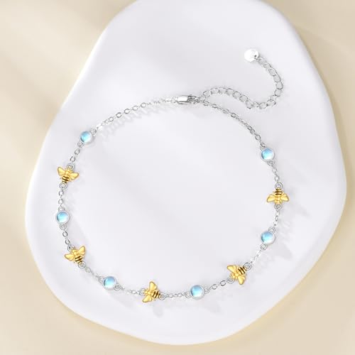CRMAD 925 Sterling Silver Daisy/Sunflower Moonstone Anklet Daisy Flower Ankle Bracelet for Women Beach Dainty Jewelry - size: 7+2 inch, style: bee