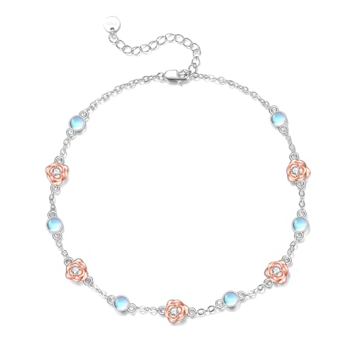 CRMAD 925 Sterling Silver Daisy/Sunflower Moonstone Anklet Daisy Flower Ankle Bracelet for Women Beach Dainty Jewelry - size: 7+2 inch, style: rose flower