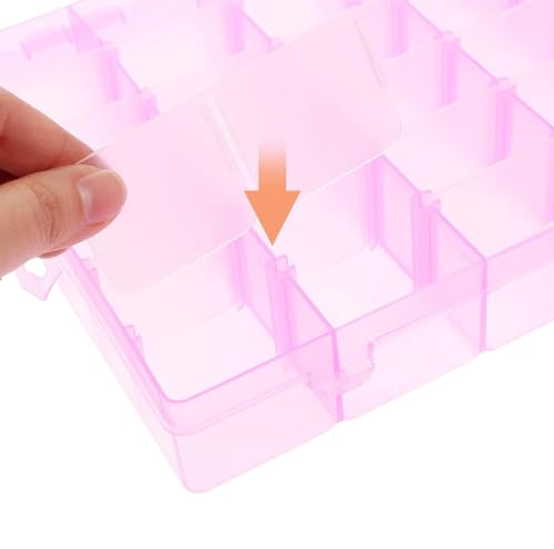 AKOAK 1 Pack 24 Grid Plastic Storage Case, Transparent Jewelry Display Organizer, Detachable Divider -7.5"x 5.1"x 1.4" for Beads, Jewelry, Earrings, Rings (Pink) - color: Pink