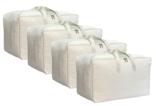 Soft Large Canvas Storage Bags with Zipper and Clear Window, Cotton Linen Storage Organizer for Pillows, Quilt, Blankets and Comforter, 80L, 4 Pack, Beige - color: Beige, size: 80L - 4 Pack