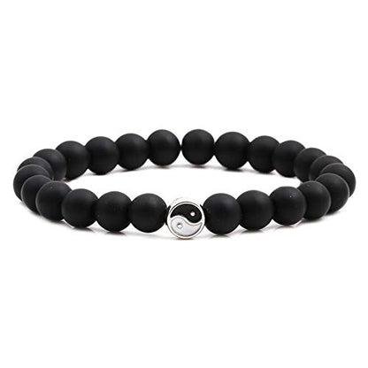 Fashion Men Women Taiji Yin Yang Feng Shui Charm Bracelet Natural White Turquoise and Black Beaded Couple Bracelets Friendship Distance Bracelet Jewelry - color: Black