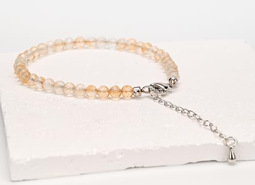 Crystal Bracelet for Women, Natural 4mm Faceted Beads Adjustable Bracelet, Small Beaded Healing Gemstone Bracelet - color: Citrine