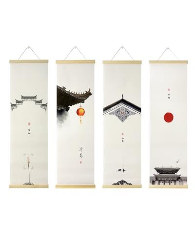 Vertical Chinese Wall Scroll Set of 4 - Traditional Ancient Architecture Paintings, Asian Wall Art with Natural Wood Frame for Living Room, Office Decor - style: Art Deco