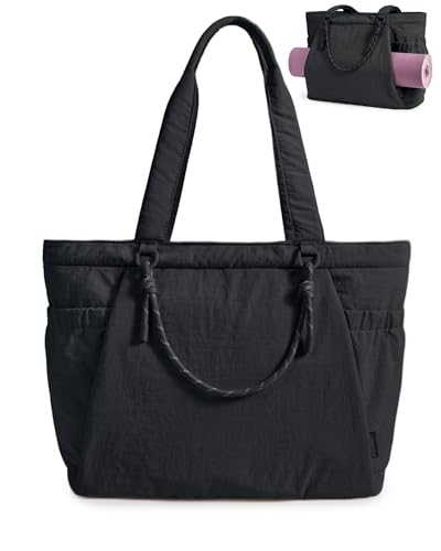 BAGSMART Yoga Tote Bag for Women with Knotted Handle, Lightweight Pilates Bag with Yoga Mat Holder, Gym Bag for Work Travel - color: Black