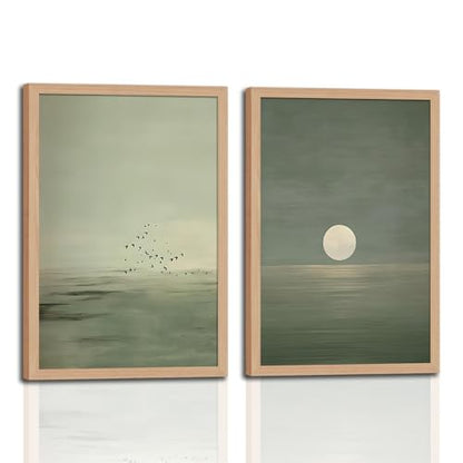 Japanese Zen Wall Art Set of 2 with Wooden Frame – Minimalist Sage Green Sunset Landscape Prints, Japandi Scandinavian Boho Painting, Framed Picture Wall Decor 12x16 Inch