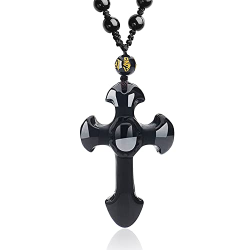 Black Obsidian Necklace Natural Crystal Amulet Protection Pendant with Adjustable Rope Lucky Talisman Necklaces Jewelry Gift for Men Women - color: Cross
