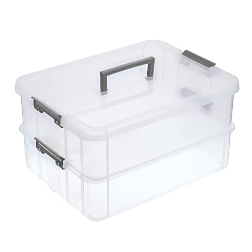 BTSKY 2 Layer Stack & Carry Box, Plastic Multipurpose Portable Storage Container Box Handled Organizer Storage Box for Organizing Stationery, Sewing, Art Craft, Jewelry and Beauty Supplies Dark Grey - color: Dark Grey