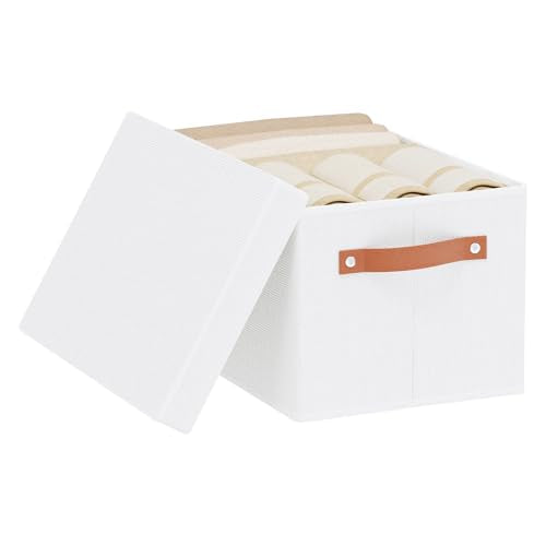 Fabric Storage Box with Lid, Foldable Storage Bin for Shelves, Decorative Closet Organizer with Handles, White, 15 x 9.8 x 8.3 Inch,1-Pack - color: White, size: Medium（1 Pack）