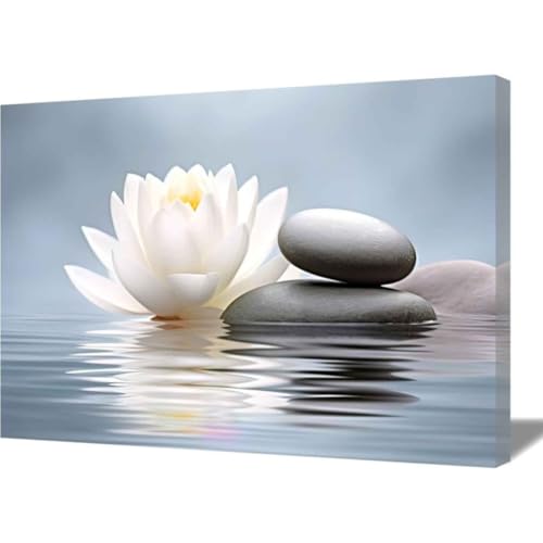 QIXIANG Zen Wall Art Black Stones and White Lotus Flowers Picture on Canvas Prints for Yoga Spa Meditation Bathroom Decor with Framed (Zen Stones Lotus -3, 12.00" x18.00") - color: Zen Stones Lotus -3, size: 12.00" x18.00"