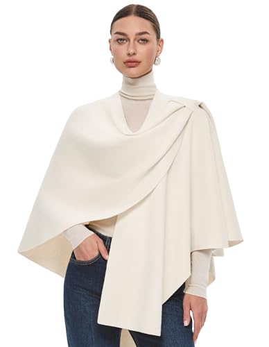 PULI Womens Large Cross Front Poncho Sweater Wrap Topper Knitted Elegant Shawls Cape for Fall Winter - color: Extra Warm Ivory White