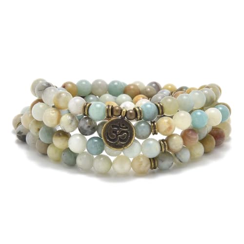 108 Natural Stone Mala Beads Yoga Jewelry Meditation Bracelet Necklace with om Charm - style: Amazonite