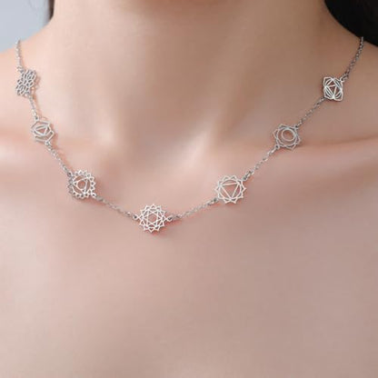 TEAMER 7 Chakras Yoga Charm Necklace Stainless Steel Adjustable Rhinestone Necklace Spiritual Meditation Inspirational Jewelry For Women