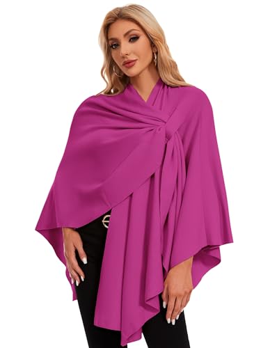 PULI Womens Elegant Cross Front Shawl Wraps Knitted Ponchos Cape Light Weight Poncho Sweater Soft Warm Travel Wraps - color: Hotpink