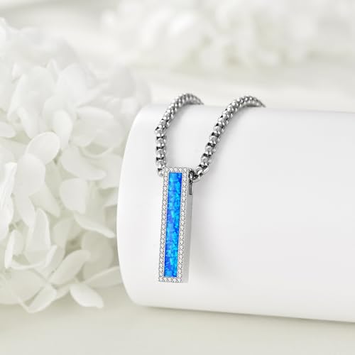 Cremation Urn Necklaces for Ashes Sterling Silver 3D Vertical Bar Memorial Pendant for Loved Ones Keepsake Cremation Jewelry Gifts for Women Men - style: Blue Opal
