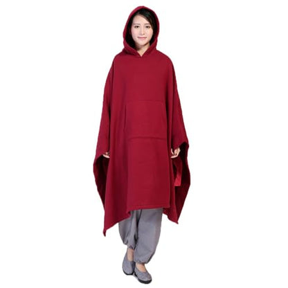 Unisex Meditation Buddhist Cloak Autumn Winter Warm Hooded Oversize Coat - color: Wine Red, size: X-Large