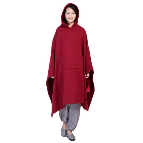 Unisex Meditation Buddhist Cloak Autumn Winter Warm Hooded Oversize Coat - color: Wine Red, size: X-Large