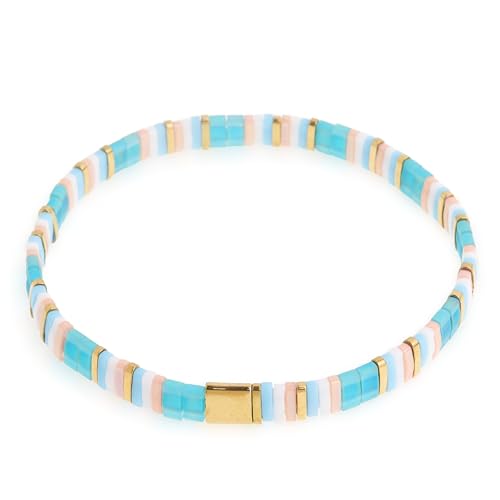 Tila Flat Beaded Stretch Bracelets for Women, Trendy Unique Handmade Stackable Green Blue Square Beads Miyuk Link Bracelet Summer Jewelry Gift - color: Turquoise Gold