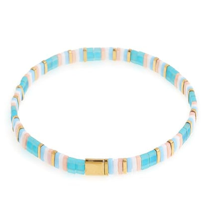 Tila Flat Beaded Stretch Bracelets for Women, Trendy Unique Handmade Stackable Green Blue Square Beads Miyuk Link Bracelet Summer Jewelry Gift - color: Turquoise Gold