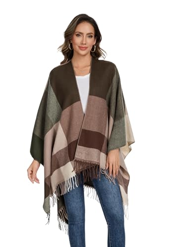 Shawl Wraps for Women, Elegant Knitted Cape Open Front Poncho Scarf Blanket Cardigan Coat for Spring, Autumn, and Winter - color: Green Beige