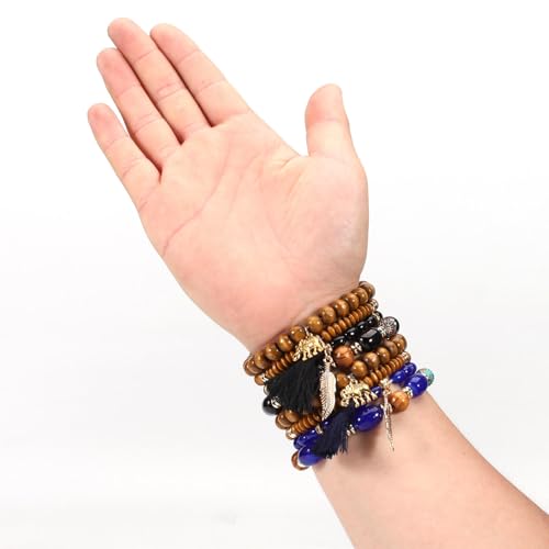 Caiyao 4Pcs Bohemia Multilayer Stackable Elephant Leaf Tassel Bracelets Colorful Wooden Resin Beaded Stretch Bracelets for Women Men Summer Beach Boho Vacation Hawaii Jewelry Gifts - style: StyleD