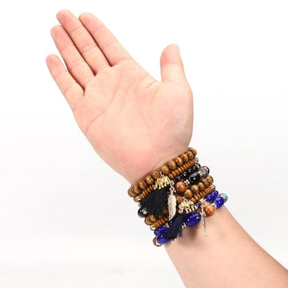 Caiyao 4Pcs Bohemia Multilayer Stackable Elephant Leaf Tassel Bracelets Colorful Wooden Resin Beaded Stretch Bracelets for Women Men Summer Beach Boho Vacation Hawaii Jewelry Gifts - style: StyleD