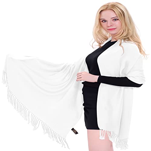 CJ Apparel Solid Color Tassels Design Nepalese Shawl Scarf Wrap Stole Throw Head Wrap Pashmina Gift Hand Made in Nepal New - color: Brilliant White
