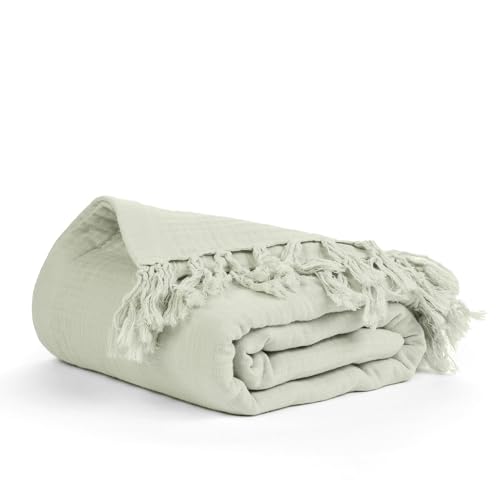 Salt Earth 100% Cotton Muslin Throw Blanket, 50"X60" 4 Layered Gauze Tassel Blanket Throw for Couch, Bed, Living Room, Home, Light Christmas Blankets and Throws for Christmas Gifts (Sea Foam) - color: Sea Foam, size: 50"X60" Throw