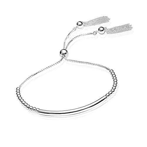 LeCalla 925 Sterling Silver Bracelets for Women | Italian Handmade Adjustable Sliding Bolo Bracelet Jewelry | Lightweight Adjustable Silver Chain Bracelet for Women | Hypoallergenic Jewelry Gifts - style: Curved Bar Beaded
