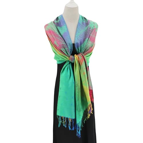 Rave Pashmina Scarf, Fashion Colorful Shawls and Wraps Soft Festival Scarves - color: B-green (Feather Pattern)