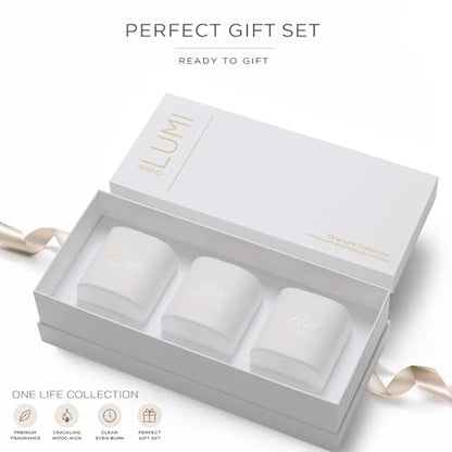 Set of 3 Premium Scented Soy Candles Gift Set | One Life Collection - Orange Blossom, White Tea & White Bloom | Crackling Wood Wick | Luxury Candle Set for Relaxation, Home Décor & Gifts | 9.8oz Each