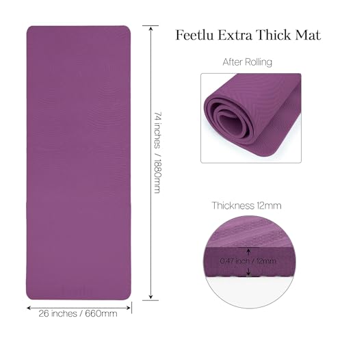 Extra Thick 12mm Exercise Mat – Non-Slip, Joint-Friendly & Cushioned Fitness Mat for Yoga, Pilates & Floor Workouts – Durable, Supportive & Includes Feetlu Classic Strap