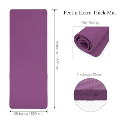 Extra Thick 12mm Exercise Mat – Non-Slip, Joint-Friendly & Cushioned Fitness Mat for Yoga, Pilates & Floor Workouts – Durable, Supportive & Includes Feetlu Classic Strap