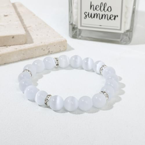 Healing Bracelet For Women Anxiety Crystal Bracelet Chakra Beaded Bracelets Rose Quartz Crystals And Healing Stones Yoga Bead Bracelet Calming Stretch Bracelet Stress Relief Gifts For Women - color: White-Cat Eye