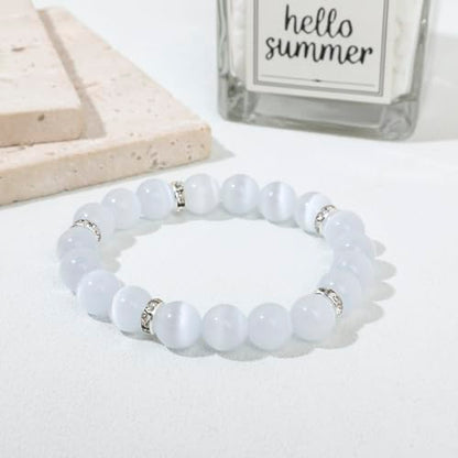Healing Bracelet For Women Anxiety Crystal Bracelet Chakra Beaded Bracelets Rose Quartz Crystals And Healing Stones Yoga Bead Bracelet Calming Stretch Bracelet Stress Relief Gifts For Women - color: White-Cat Eye