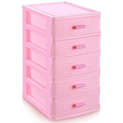 Pink Plastic Storage Drawers Desktop Storage Box Mini Drawer Organizer Necklace Jewelry Storage Case Cute Plastic Dresser for Girls Bathroom, Dorm, Desk, Home, 5 Layers