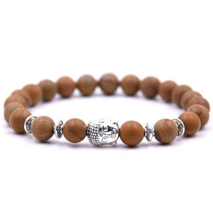 Handmade Buddha Charm Bracelet – Healing Stone Beads Bracelet with Buddha Charm, Mala Beads Yoga Beads – Stretch Bead Bracelet for Men and Women - style: Wooden Grain