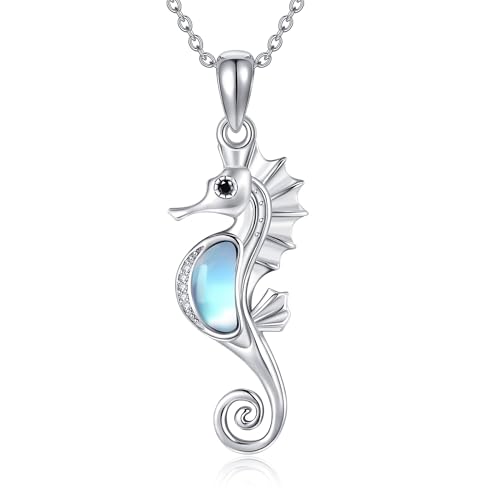 Sterling Silver Cute Animal Pendant Necklace Fox/Snake/Unicorn/Owl on Moon/Rabbit/Horse Necklace Jewelry for Women Mom Sister - style: Moonstone Seahorse