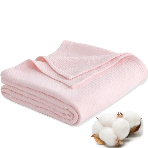Premium 100% Cotton Blanket – All-Season Soft Breathable Bed Blanket for Queen Size – Lightweight Stylish Textured Throw for Bed– Giftable Cozy Bedding - color: Pink, size: Queen(80" x 90")