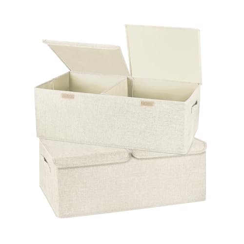 2 Pack Large Storage Boxes with Lids and Handles, Collapsible Linen Storage Bins Organizer Containers Baskets Cube with Removable Divider for Home Bedroom Closet Office (Cream, Small)